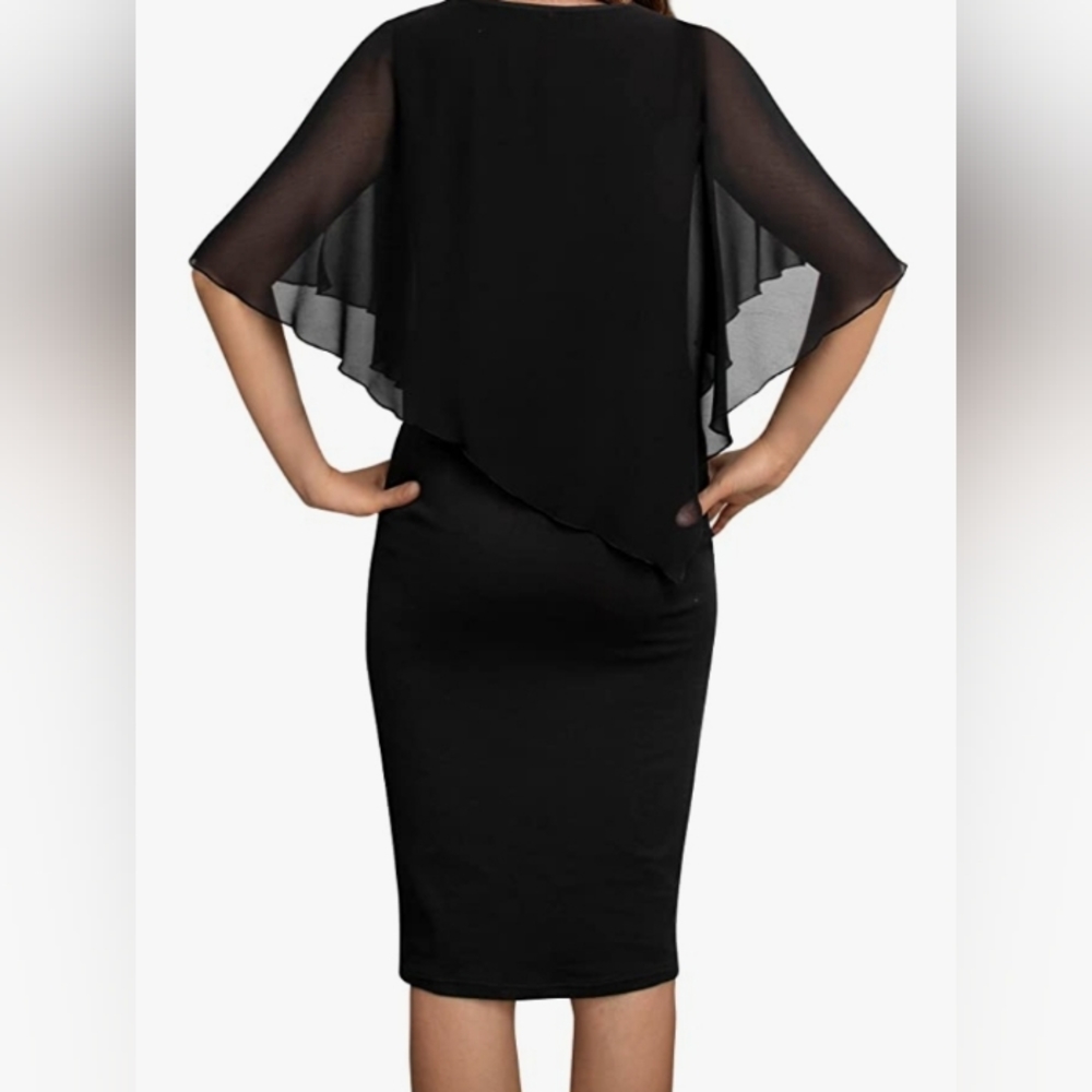 Bodhi talk Women's V Neck Capelet Sleeve Chiffon Overlay Bodycon - Picture 2 of 6